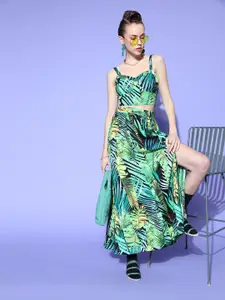 Berrylush Women Green & Yellow Tropical Print Cami Top & A-Line Skirt