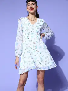 Berrylush Womeb White & Blue Floral Print Self Design Chiffon Puff Sleeves Mini Dress