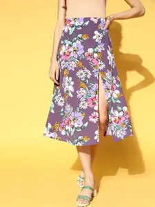 Berrylush Women Purple & Pink Floral Print A-Line Midi Skirt