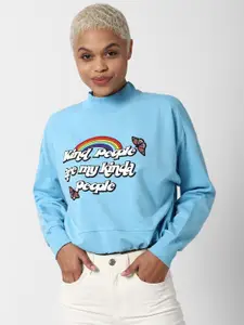 FOREVER 21 Women Blue Graphic Printed Pullover Sweatshirt