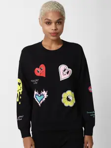 FOREVER 21 Women Black Printed Cotton Sweatshirt