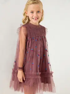 Cherry Crumble Girls Mauve Floral Embroidered Smocked Tiered A-Line Dress