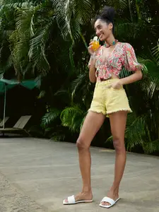 MANGO Women Lime Green Solid Pure Cotton Denim Shorts