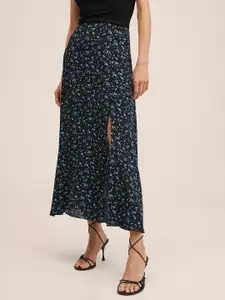 MANGO Women Black & Blue Floral Print Front Slit A-line Maxi Skirt