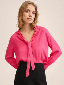 MANGO Women Pink Solid Tie-Up Casual Shirt