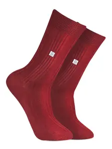 Bonjour Men Maroon Patterned Ribbed Calf Length Socks