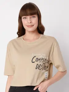 Vero Moda Women Beige Typography Printed T-shirt