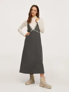 MANGO Women Grey Embellished A-Line Midi Dress