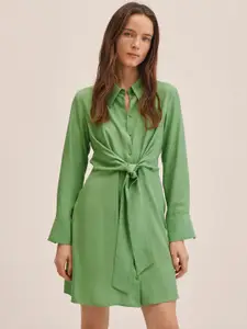 MANGO Green Solid Belted Shirt Dress