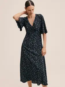 MANGO Black & Blue Floral Print A-Line Midi Dress