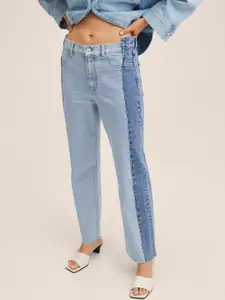 MANGO Women Blue Straight Fit Pure Cotton High-Rise Colourblocked Jeans