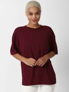 FOREVER 21 Maroon Typography Printed Extended Sleeves Top