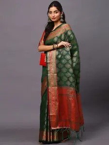 Mitera Green & Red Bagh Zari Silk Blend Banarasi Saree