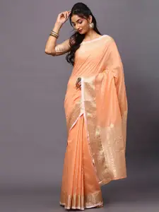 Mitera Peach-Coloured & Gold-Toned Linen Blend Saree
