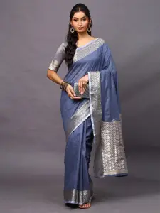 Mitera Blue & Gold-Toned Linen Blend Taant Saree