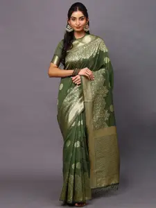 Mitera Olive Green & Golden Ethnic Motifs Zari Silk Blend Banarasi Saree
