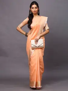 Mitera Peach-Coloured Ethnic Motifs Zari Linen Blend Taant Saree