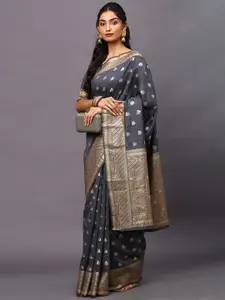 Mitera Grey & Gold-Toned Woven Design Zari Silk Blend Banarasi Saree