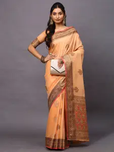Mitera Peach-Coloured & Golden Ethnic Motifs Zari Silk Blend Banarasi Saree