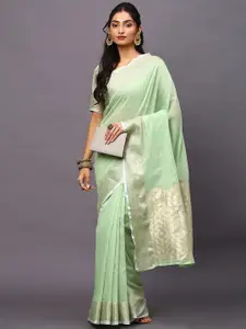 Mitera Mint Green & Golden Ethnic Motifs Zari Linen Blend Taant Saree