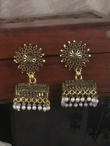 ANIKAS CREATION Gold-Plated & White Contemporary Jhumkas