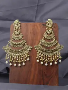 ANIKAS CREATION Gold-Toned & White Peacock Shaped Chandbalis Earrings