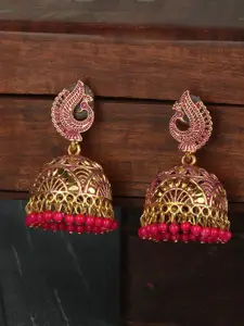 ANIKAS CREATION Magenta Gold -Plated Contemporary Jhumkas Earrings