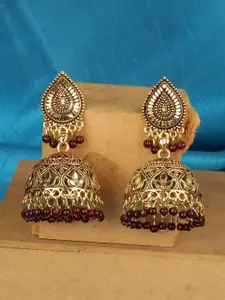 ANIKAS CREATION Maroon Gold -Plated Contemporary Jhumkas Earrings