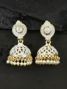 ANIKAS CREATION Gold-Plated White Pearls Beaded Enamelled Jhumkas Earrings