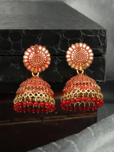 ANIKAS CREATION Gold-Plated Red Contemporary Jhumkas Earrings