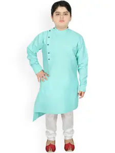 SG YUVRAJ Boys Turquoise Blue & White Self Design Angrakha Pure Cotton Kurta Trousers Set