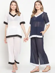 EROTISSCH Women Pack Of 2 Navy Blue & White Solid Beachwear Tops