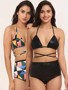 EROTISSCH Women Pack of 2 Black & Multicolored Swim Tops