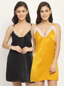 EROTISSCH Women Pack Of 2 Yellow & Black Satin Nightdress
