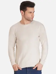 JoE Hazel Men Beige Solid Cotton Pullover Sweater