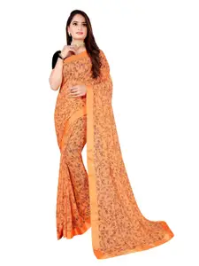 SAADHVI Orange & Black Floral Art Silk Saree