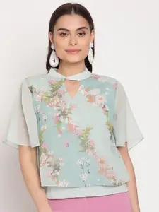 Madame Turquoise Blue Floral Print Keyhole Neck Top