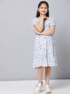 Stylo Bug Girls Blue Floral Printed Fit & Flare Cotton Dress