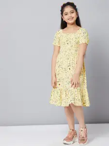 Stylo Bug Yellow Floral Smocked Cotton Fit & Flare Dress
