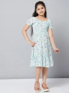 Stylo Bug Girls Green & Blue Floral Printed Cotton Smocked A-Line Dress