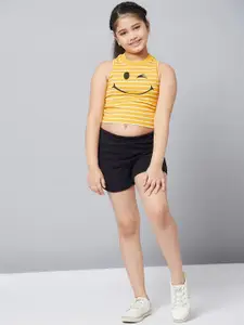Stylo Bug Girls Yellow & Black Printed Top with Shorts