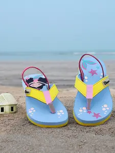DChica Girls Blue & Pink Printed Thong Flip-Flops