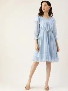 Antheaa Women Blue Dobby Weave Ruffle Detail A-Line Dress