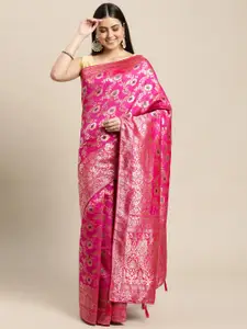 Leeza Store Pink & Golden Ethnic Motifs Zari Silk Blend Banarasi Saree
