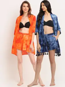 EROTISSCH Women Pack of 2 Orange & Blue Dyed Cotton Beachwear Cover-Up Set