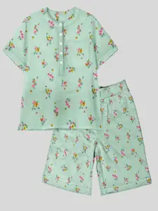 THE BABY ATELIER Girls Green & Yellow Printed Night suit
