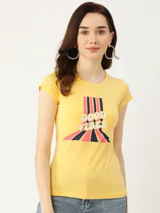 BROOWL Women Yellow & Navy Blue Pure Cotton Typography Print T-shirt