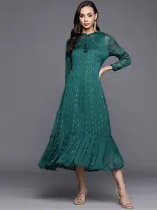 Indo Era Teal Green Tie-Up Neck Georgette A-Line Midi Dress