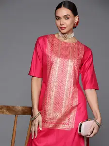Indo Era Women Pink & Gold Ethnic Motifs Foil Print Yoke Design Straight Liva Kurta