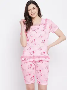Camey Women Pink & Blue Printed Night suit